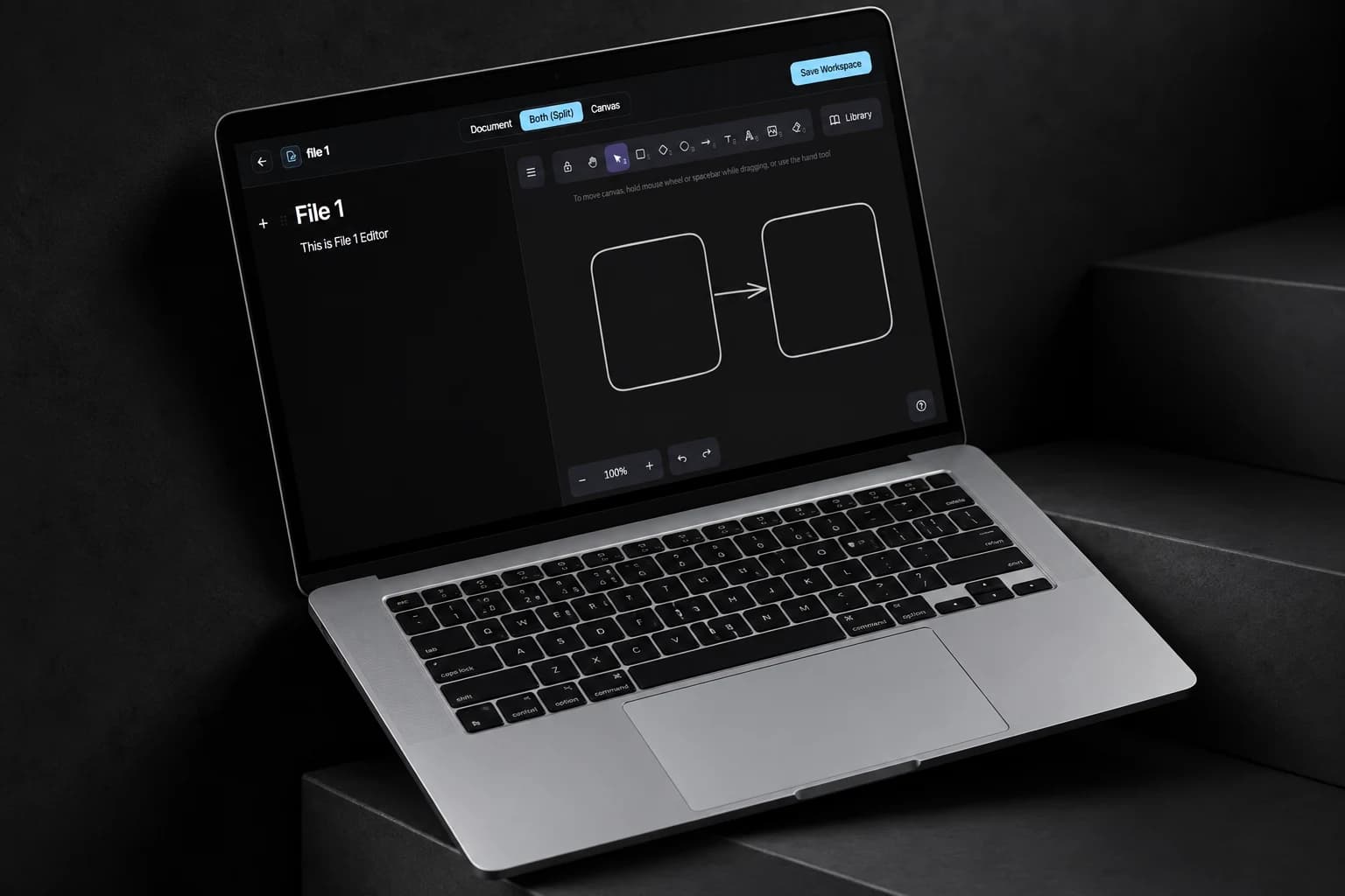 EasyDraw split document and diagram workspace on a laptop