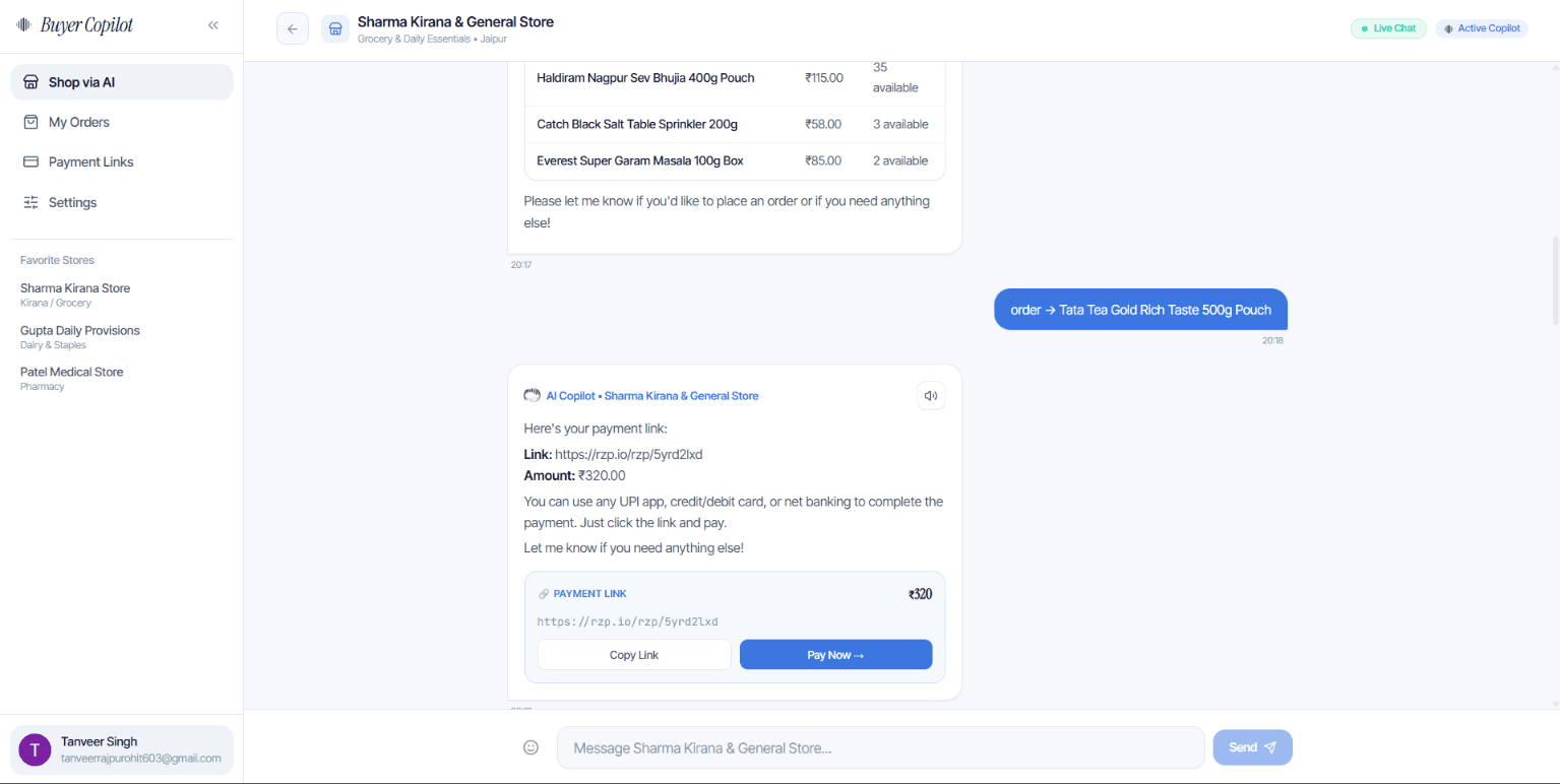 Customer chat with an order and payment-link card
