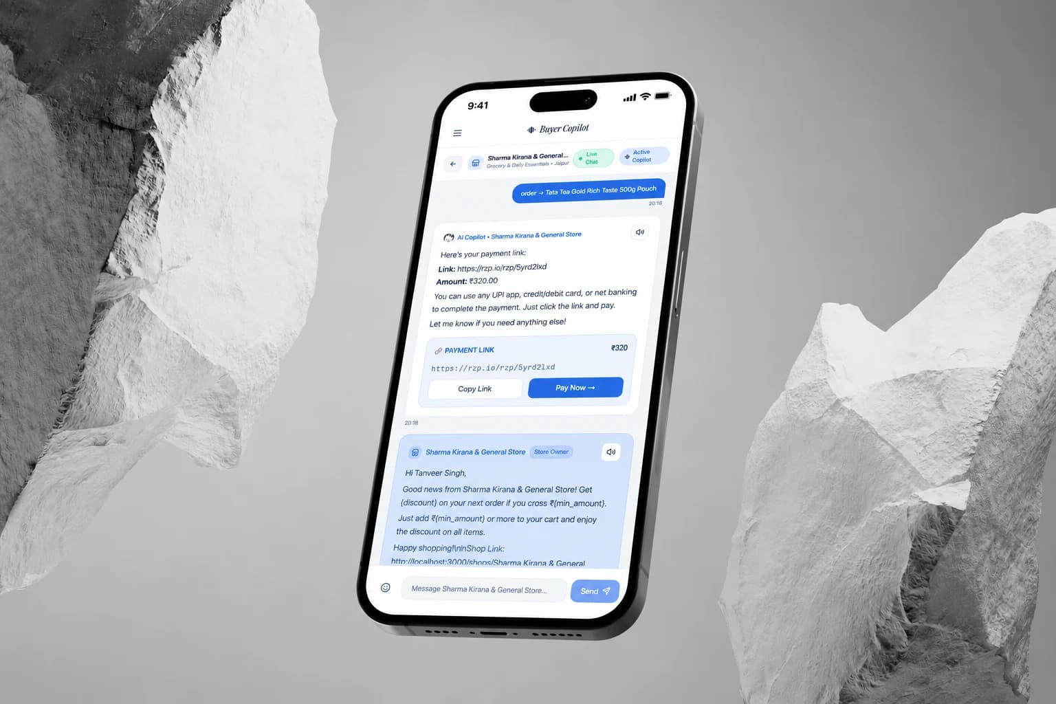 MerchantAgent customer chat presented on a phone