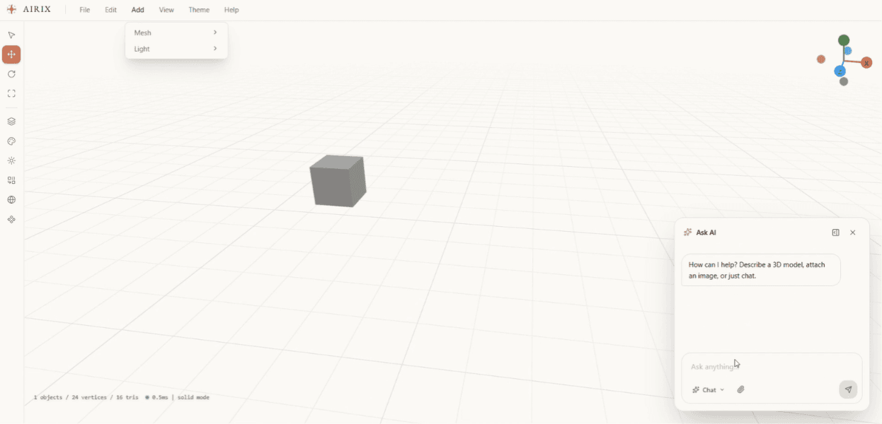 Airix 3D editor with primitive-shape tools