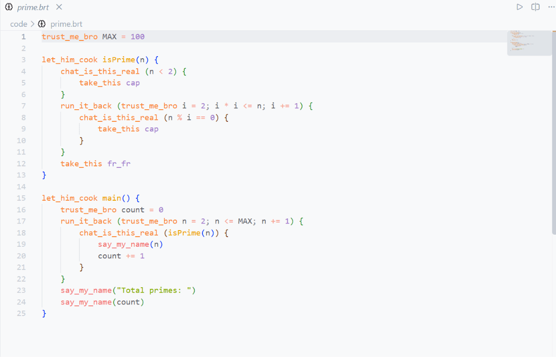 A BrainRot program using the language's custom syntax