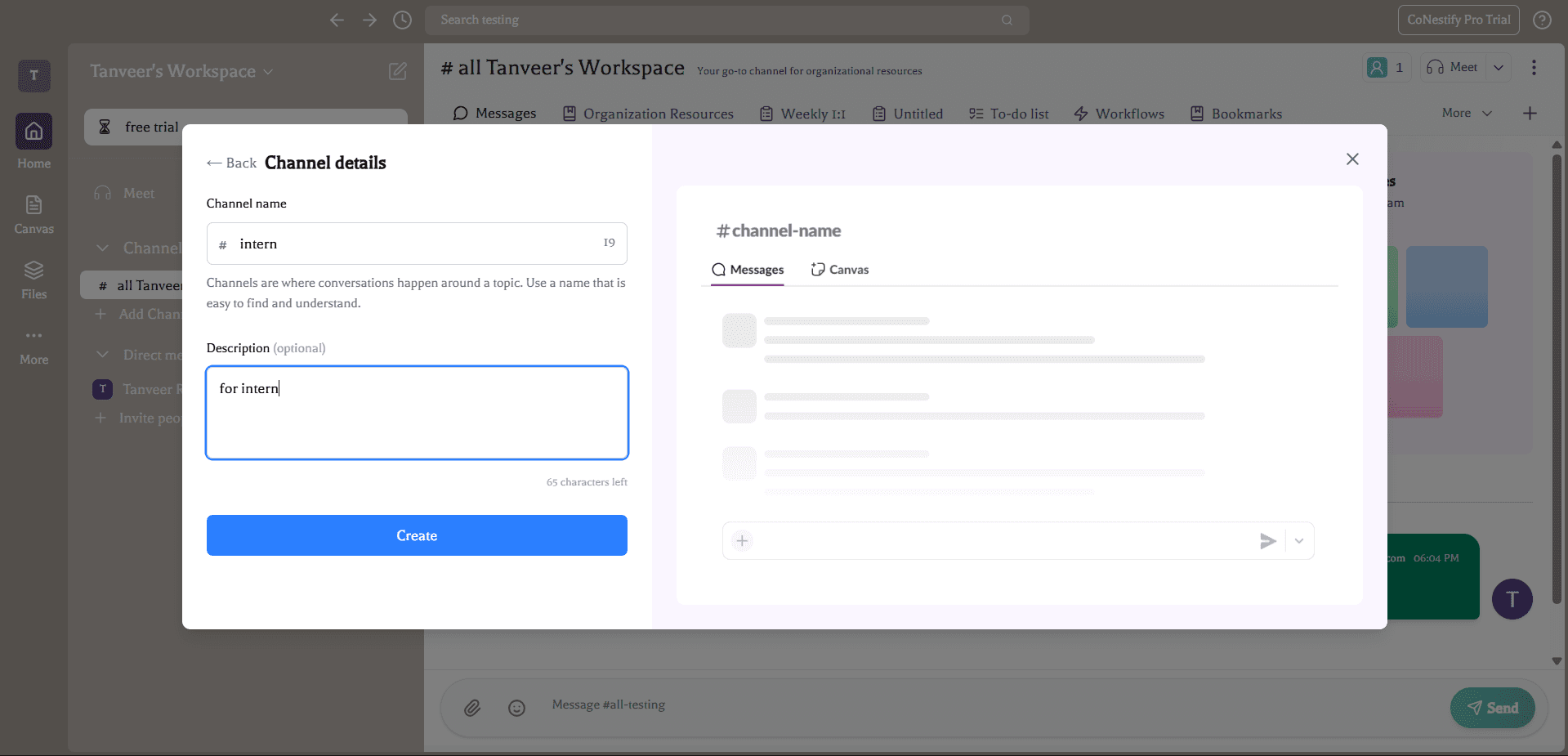 Creating a channel in CoNestify