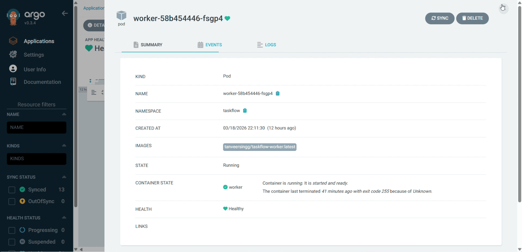 TaskFlow worker pod details in Argo CD