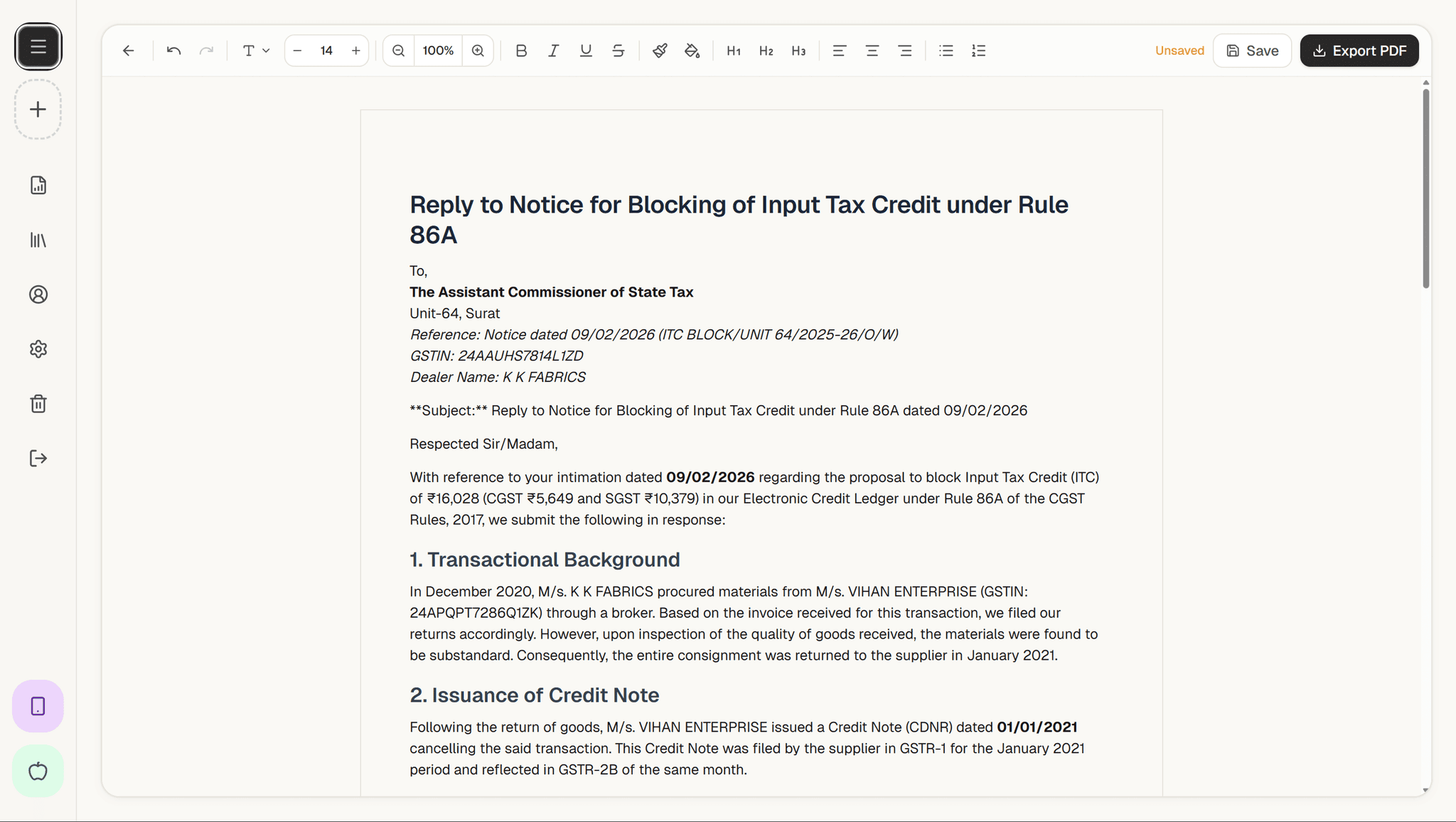 TaxCopilot response draft editor